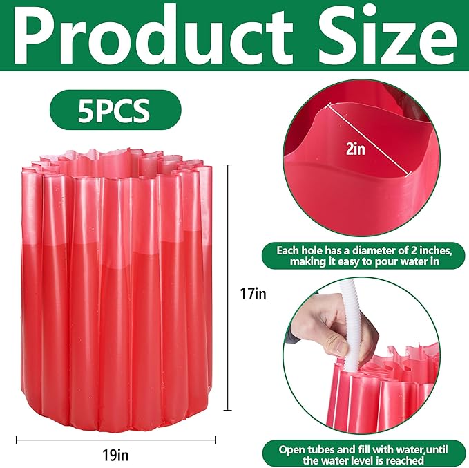 Adnee 5 Pack Water Filled Plant Protectors-19 x 17 Inch Reusable Wall of Water Plant Covers for Tomato Plants-Red Early Season Insulating Plant Protective Cover for Outdoor Winter Freeze Protection