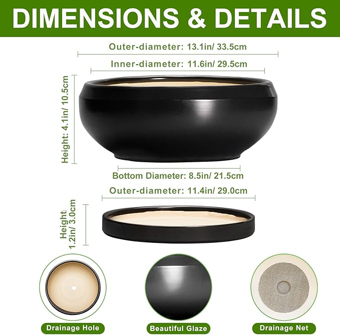 EPFamily Bonsai Pots 13 Inch - Large Ceramic Succulent Pots with Drainage Hole and Tray, Round Planter Bowl Indoor Outdoor, Modern Shallow Planters, Home Living Room Decor, Gardening Gifts, Black