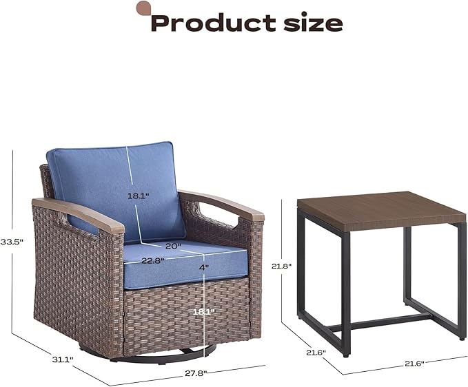 Rilyson 6 Piece Outdoor Patio Swivel Rocking Chairs, All Weather Wicker, Metal Armrest, Deep Seating, Thick Cushions, Side Table, Ideal for Deck Porch Backyard, Brown/Blue