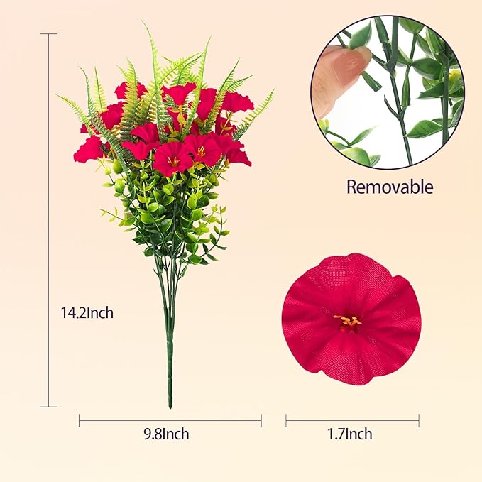 HIAGROW Artificial Flowers Outdoors 12 Bundles Artificial Petunias Fake Flowers UV Resistant Shrubs Plants with Fern for Indoor Outside Hanging Planters Home Garden Summer Decorations(Rose Red)