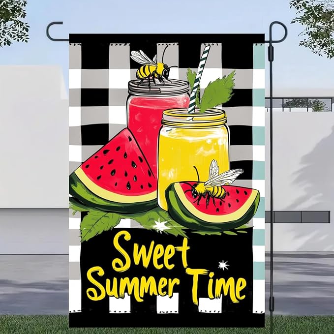 Sweet Summer Time Garden Flag Watermelon Buffalo Plaid Lemon Welcome Small Flags for Outside Double Sided Juice Seasonal Banner Farmhouse Outdoor Yard Decoration 12x18 Inch