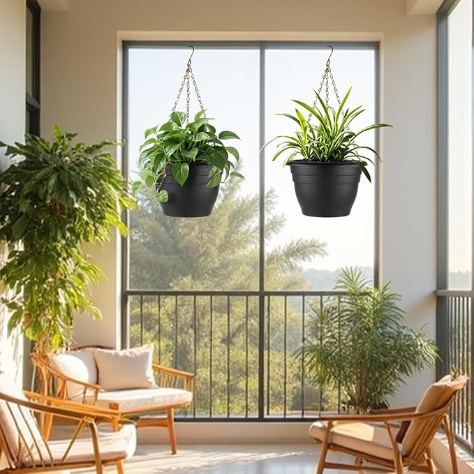 RooTrimmer Plant Pots Set of 5, 10" Outside Diameter Flower Pots, 8.5" Inner Diameter Planters with Drainage Hole, Durable Perfect for Indoor & Outdoor Plant Planting, Decor, Black
