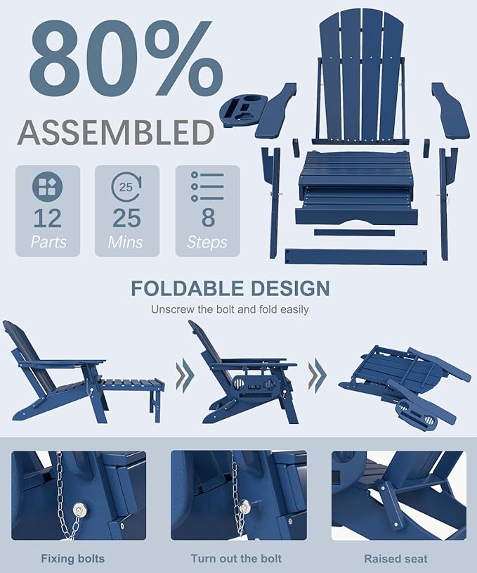 Adjustable Adirondack Chair with Retractable Ottoman Set of 8, HDPE Folding Adirondack Chair with Cup Holder, All Weather Fire Pit Chair for Outdoor.