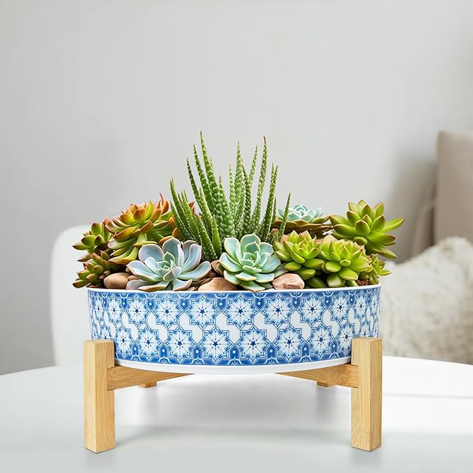 ARTKETTY Succulent Pots - 11 Inch Large Plant Pots Ceramic Bonsai Pots with Drainage Stand, Shallow Succulent Planters for Indoor Plants Decorative Flower Cactus Planter Bowl