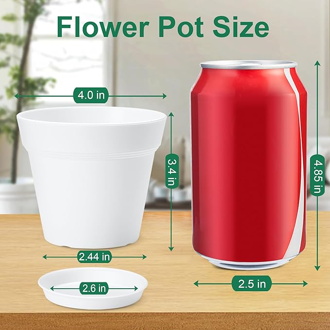 FHWTY 16 Pack Plastic Plant Pots with Drainage Holes and Tray, 4 inch Thickened Indoor Planters Seedlings Nursery Pots for Flowers, African Violet, Succulent and All House Plants, White