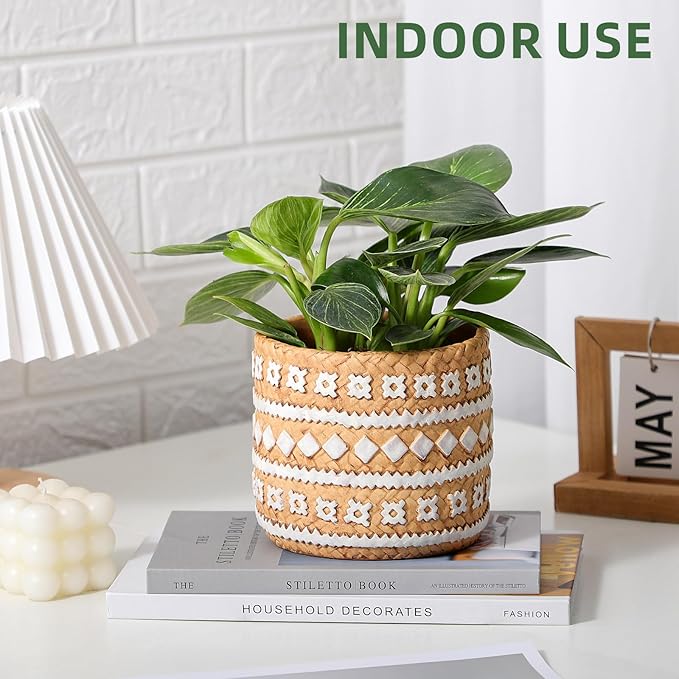 vomiceak Concrete Rattan-Style Plant Basket Planter, 5.3" Plant Pots Indoor Outdoor with Drainage Hole, Boho Flower Pot for Succulents, Herbs, Modern Farmhouse Decor, Ideal Gift for Plant Lovers