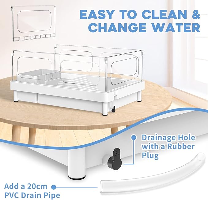 MoonOrange Small Turtle Tank Kit(Tank+Light+Filter), Acrylic Turtle Tank Starter Kit with Bask Platform, Bottom Drain, Multi-Function Area for Small Reptiles.(White)