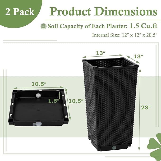 Giantex Set of 2 Outdoor Wicker Flower Pot, 23 Inch Tall Planters with Drainage Hole, Self-Watering Tray, Rattan Flower Pots, Indoor Outdoor Decoration for Front Porch Balcony Entryway (Black)