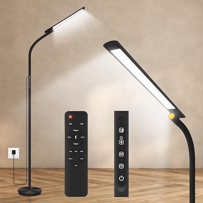 Sozapooty Happy Lamp,10000 Lux Sun Light, Floor Daylight Lamp with Remote & Touch Control & Adjustable Gooseneck for Reading/Office/Home (Black)
