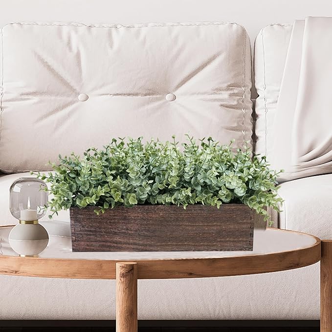 Winlyn 14" Artificial Eucalyptus in Rectangular Wood Planter Box Faux Plants Arrangement Centerpiece Wooden Potted Eucalyptus Plant for Farmhouse Wedding Dining Table Centerpiece Greenery Mantel Décor