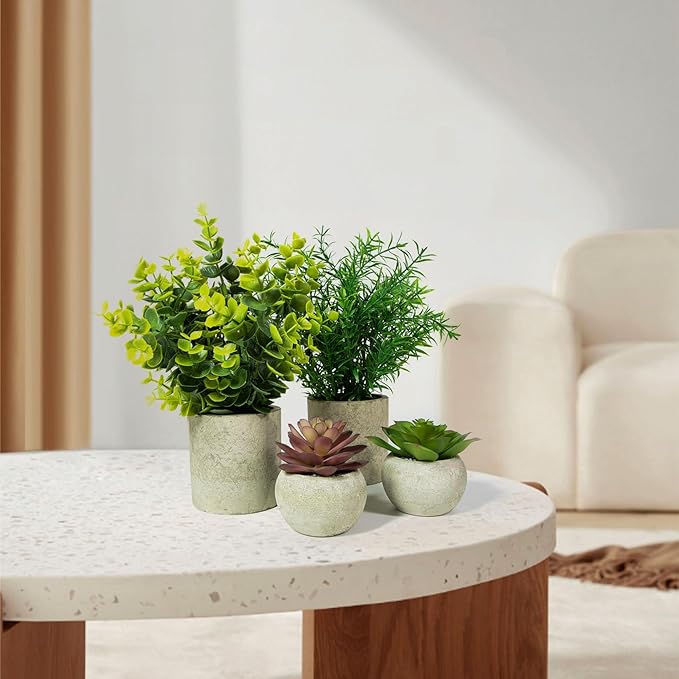 Ferrisland Small Fake Potted Plants: 4 Pcs Artificial Potted Decor Set - Faux Green Eucalyptus and Mini Succulent Desk Decorations for Indoor Kitchen Room or Home Table Centerpieces