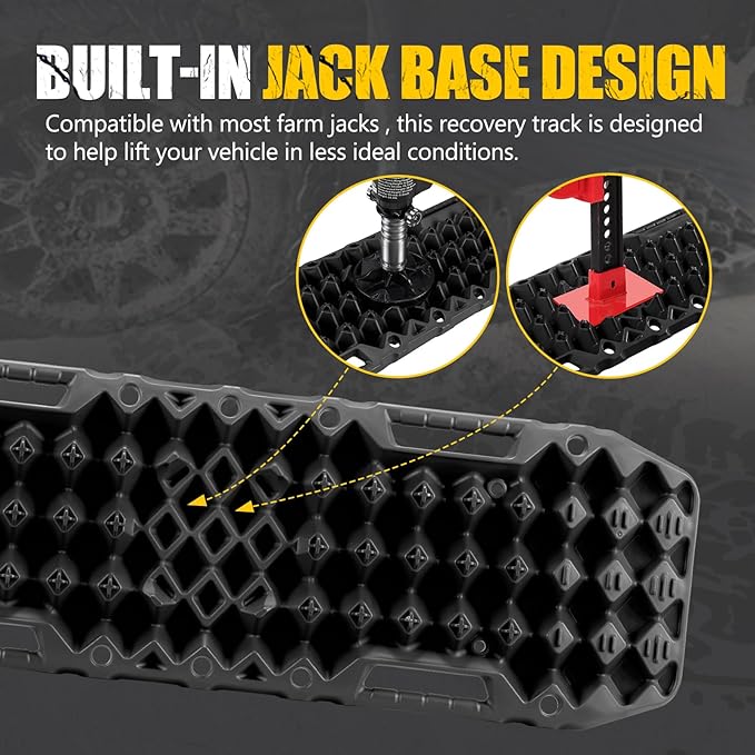 BUNKER INDUST Off-Road Traction Boards with Jack Base,Pair Recovery Track 4X4 Jeep Truck Emergency Tire Traction Mat with Bag -Sand, Mud, Snow Tracks Black Traction Pad (Gen 7th)