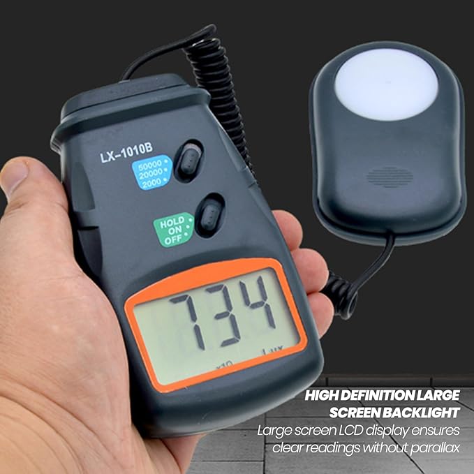 Light Meter Digital Illuminance Meter LX‑1010B Handheld Luminometer 3-1/2 digits 18mm LCD Photometer Luxmeter Tester Reading Lock Range up to 50000 Lx