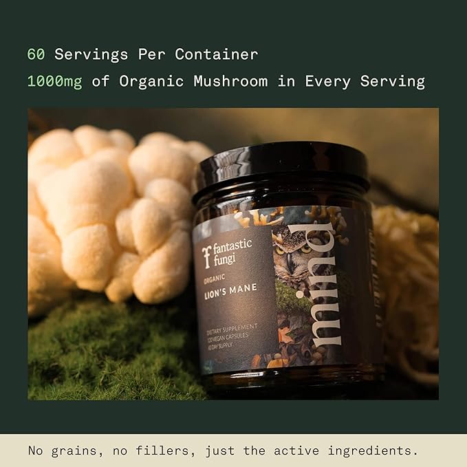 Fantastic Fungi Lions Mane Supplement Capsules - Lions Mane Mushroom Supplement for Focus, Memory & Mood - Adaptogenic Functional Mushroom Extract, USDA Organic, Vegan, 120 Capsules (2-Month Supply)