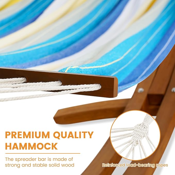 Lazy Daze Hammocks Cotton Fabric Spreader Bar Hammock and 10.5 Ft Wood Arc Hammock Stand Combo, for Outdoor, Indoor, Patio, Backyard, Blue and Yellow
