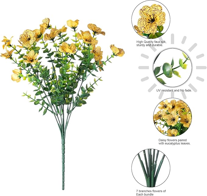 florisso Artificial Fake Fall Yellow Mums Flowers Plants for Outdoor Outside, 12 Bundles Autumn Faux Silk Daisy UV Resistant Realistic for Porch Patio Home Window Box Yard Garden Planter