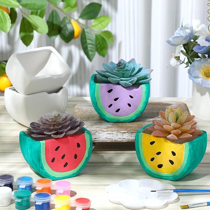 Pasimy 6 Set Ceramics to Paint DIY Ceramic Succulent Planter Pots Paint Your Own Flower Pots Craft Kit Unpainted Bisque Flowerpot with Brush Palette for Family Activity Holiday Gifts(Watermelon)