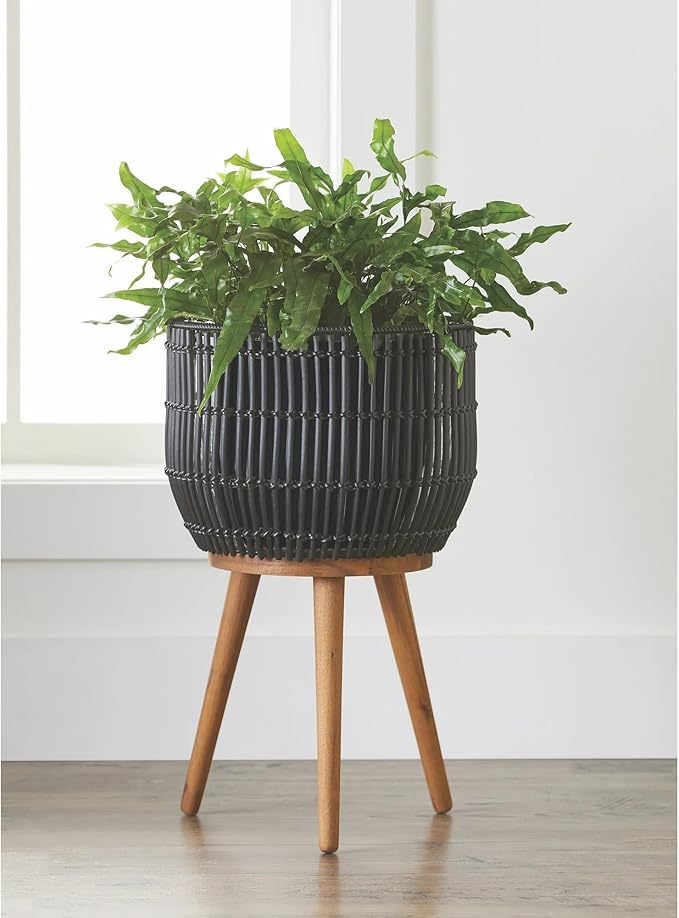 13.5" Round Resin Planter with Wood Legs – Handwoven Rattan Style Indoor/Outdoor Plant Pot – Includes Plastic Insert & Steel Frame – Black (Planter & Stand Set)