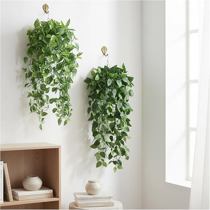 35.5" Artificial Pothos Ivy Plants Set of 2 with Pots, Fake Hanging Greenery Silk Leaves for Home Decor, Realistic Faux Plants for Shelf Tabletop Office, No Maintenance Needed (Light & Dark Green)