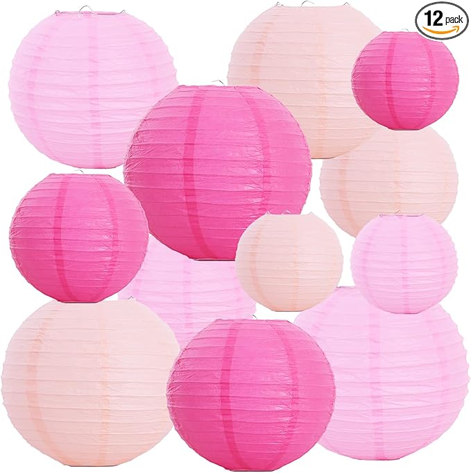 BEISHIDA 12 Pcs Pink Mix Paper Lanterns,Hanging Decorative Chinese Japanese Round Paper Lantern Lamp for Valentine's Day Girls' Party Wedding children Home Party Decoration