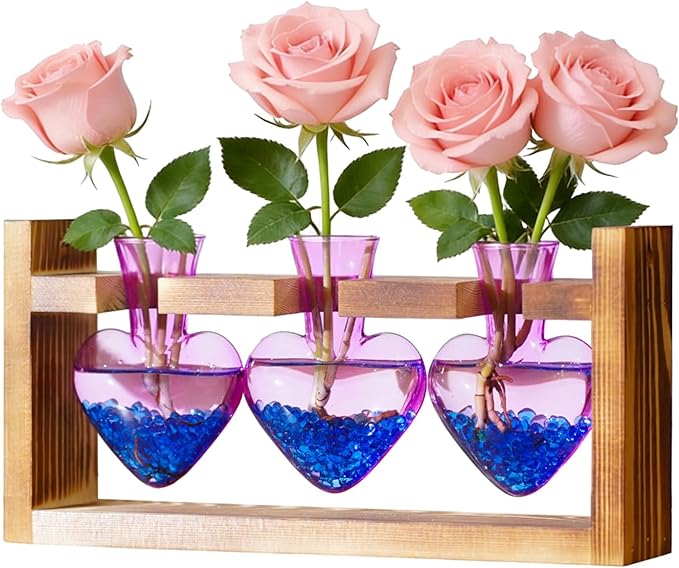 Nacome Plant Terrarium Propagation Stations: Valentines Day Gifts for Her Plant Lovers Women Mom Wife Daughter - 3 Bulb Glass Vase with Wooden Stand Tabletop for Hydroponics Indoor Home Decor(Purple)