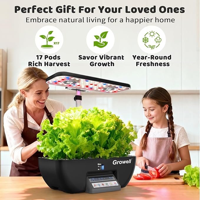 Hydroponics Growing System Kit, 17 Pods Indoor Herb Garden with Grow Light, Smart Water & Air Circulation with 2 Fans, Auto Timer, 10L Water Tank, Perfect Indoor Gardening System Gifts (Black)