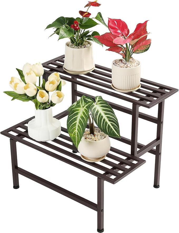 Dipion Metal Plant Stand Outdoor Plant Shelf Indoor,2 Tier Heavy Duty Ladder Plant Stands for Multiple Plants,26" L x 20.25" H x 17.75" W,Coffee