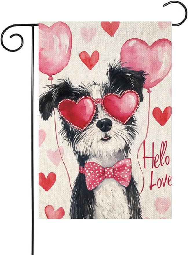 Valentine's Day Border-Coll Hello Love Garden Flag, House Yard Plaid Love Heart Outside Decoration, Spring Holiday Wedding Anniversary Outdoor Small Decor 12x18(12652)