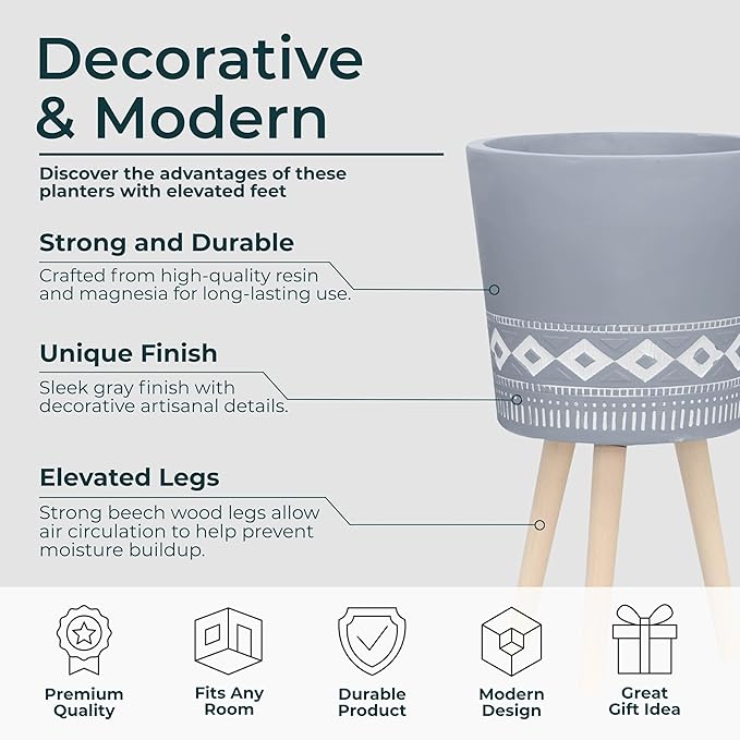 Set of 2 Resin Planters with Stands – Plant Stand Indoor Display, Outdoor Decor – Living Room Or Patio Placement – Mid–Century Style Plant Stand Home Decor – 12" & 10", Gray