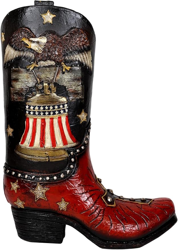 Ebros Gift Rustic Western Patriotic American Bald Eagle Clutching Independence Liberty Bell with US Flag and Cross Cowboy Cowgirl Boot Decor Figurine Or Floral Vase Planter in Faux Tooled Leather