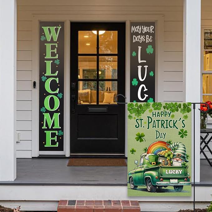 Happy St Patricks Day Garden Flag 12x18 Inch Double Sided Lucky Clovers Shamrocks Gnome Rainbow Truck Outside Small Flag for Yard Outdoor Holiday Decoration