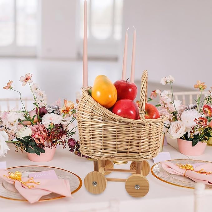 Handmade Wicker Flower Basket Woven Rattan Pushcart Planter Small Stroller Design Fruit Gift Box with Handle for Wedding Baby Shower Centerpiece Candy Storage Home Decor (M)