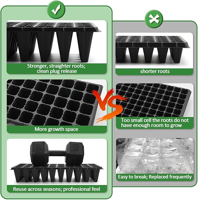 50-Pack Extra-Deep 50 Cell Seed Starter Trays, 3.55" Cone-Shaped Plug Trays for 1020 Flats, Heavy-Duty Plastic Germination Trays for Greenhouse, Garden & Urban Farming