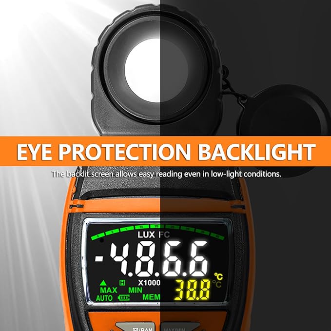 HOLDPEAK Light Meter, Digital Lux Meter 0.1-400,000 Lux, 270º Rotatable Detector, Large Color Backlit Display, Illuminance Meter Temp Luxmeter Lumen Meter for Photography 8801A