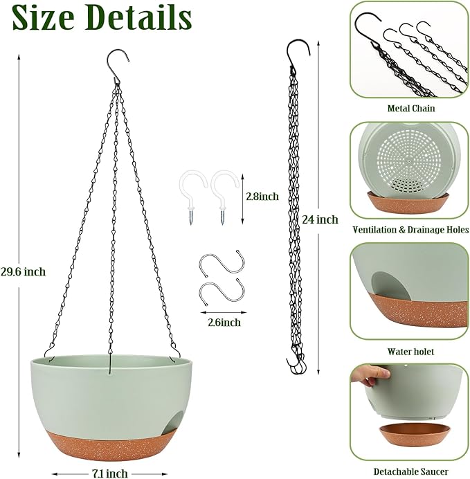 Lucieblessdesign Hanging Planters for Outdoor Indoor Plants, 2 Pack 12 Inch Hanging Basket Plants Outdoor, Self Watering Hanging Planter with Plant Hanger for Garden Home Decoration (Green)