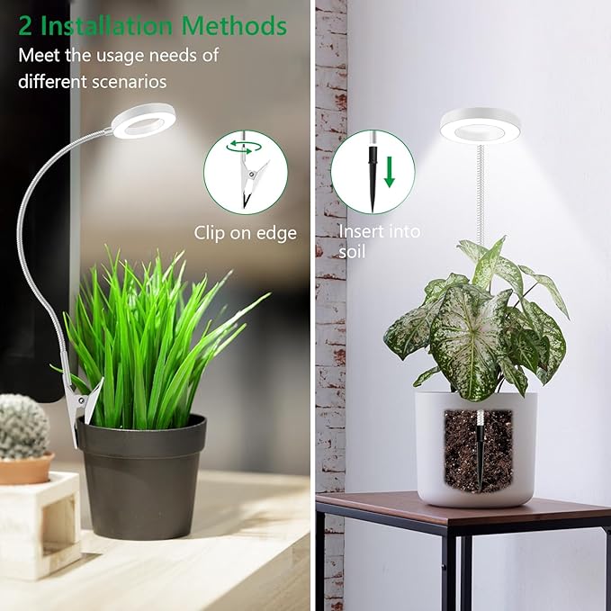 Xuligron Plant Light Clip on 2 Pack, 6000K White Full Spectrum Plant Lights for Indoor Growing, Halo Grow Lamp with 360° Gooseneck, 6/12/16H Timer, 3 Light Modes, 5 Level Dimmable