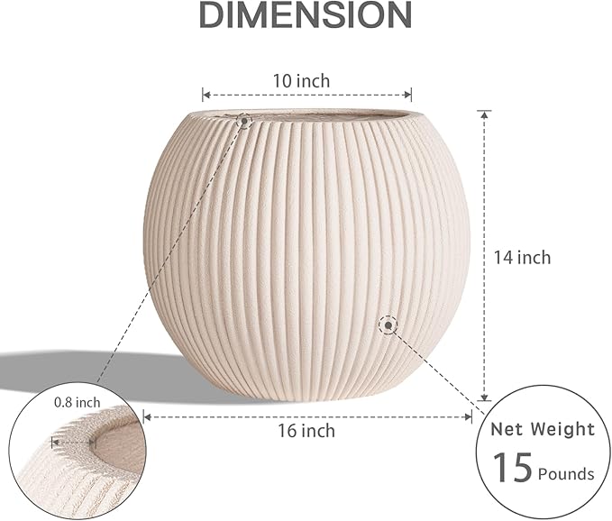 TerraDeco 16 Inch Handmade Outdoor Planter - Classic Striped Design | Fiberglass & Composite Material | Durable for Commercial & Home Decor