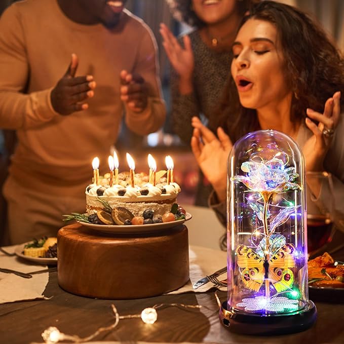 Pusuny Valentines Day Rose Gifts for Her Birthday Gift for Women, Rechargeable Galaxy Glass Rose in Glass Dome Colorful Crystal Flower Butterfly Valentine Gifts for Women Daughter Mom Wife Girlfriend