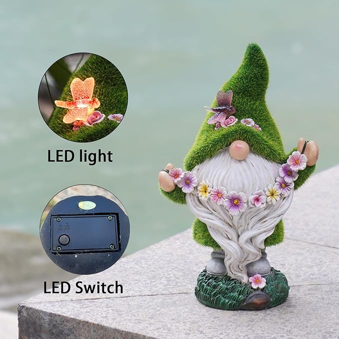 Cynkeyee Garden Gnomes Outdoor Decor Light - Funny Garden Decorations Solar LED for Yard Patio, Home Garden Statues Ornaments, Housewarming Gifts for Family Green 5.5x3.5x8.5 Inch