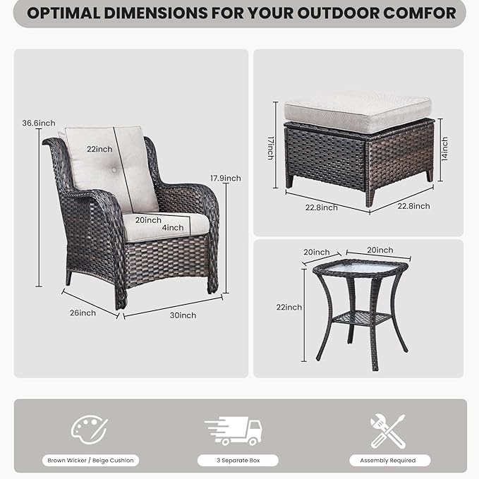 Belord Outdoor Wicker Furniture 5 Pieces Patio Furniture Set Patio Chairs with Ottomans and Side Table Conversation Set for Porch Garden Deck Balcony Poolside