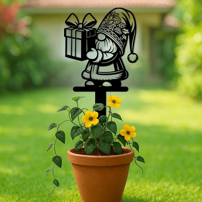 Magilab Personalized Iron Yard Stake - Christmas Cute Gnome Dwarves Decor, 8-Inch Black Metal Garden Sign for Outdoor (Style O)