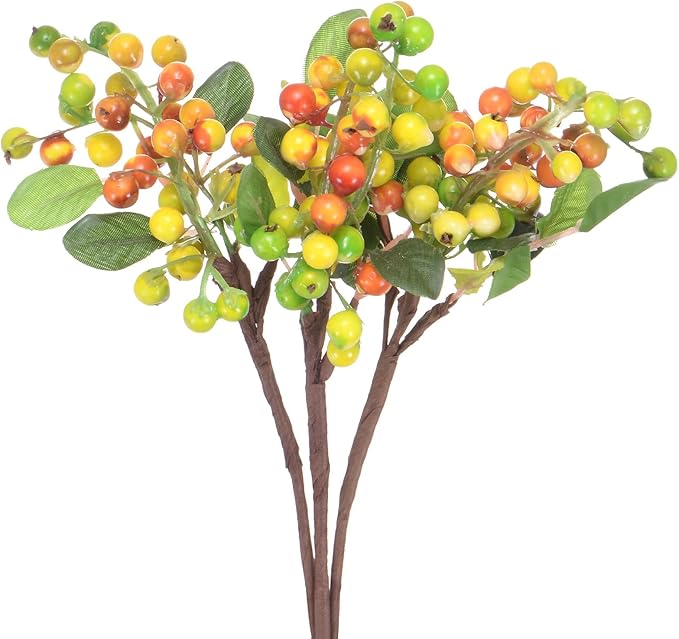 3-Pack Artificial Berry, 9.8 Inch Faux Holly Berry Foam Faux Frosted Berries with Stems for Home/Wedding/Christmas/DIY/Party/Garden/Office [Yellow]