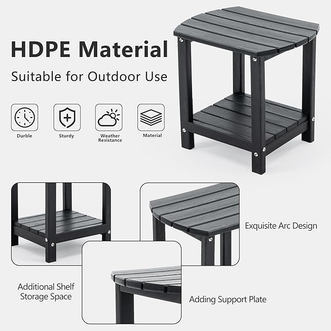 Folding Adirondack Chair Set with Side Table - HDPE Outdoor Patio Chairs, Weatherproof Chair with Reclining Back, Cup & Phone Holder, and 2-Tier Storage End Table for Firepit or Garden(Black)