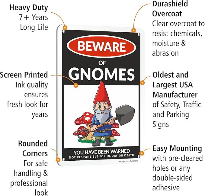 SmartSign Funny Beware Of Gnomes Warning Sign - 10"x7", 40 mil Laminated Rust-free Aluminum - Metal Signs for Wall Decor, Outdoors, Patio, Gifts, Bar, Club, Cafe - Gnomes Theme, Made in USA