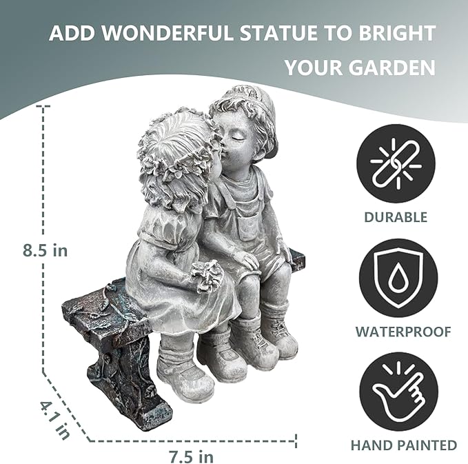 Elenon Boy and Girl Garden Statue Decor, Couple First Kiss Garden DecorativeSculpture for Yard Patio Art Flower Bed Decoration, 8 1/4" L x 4 3/4" W x 9" H