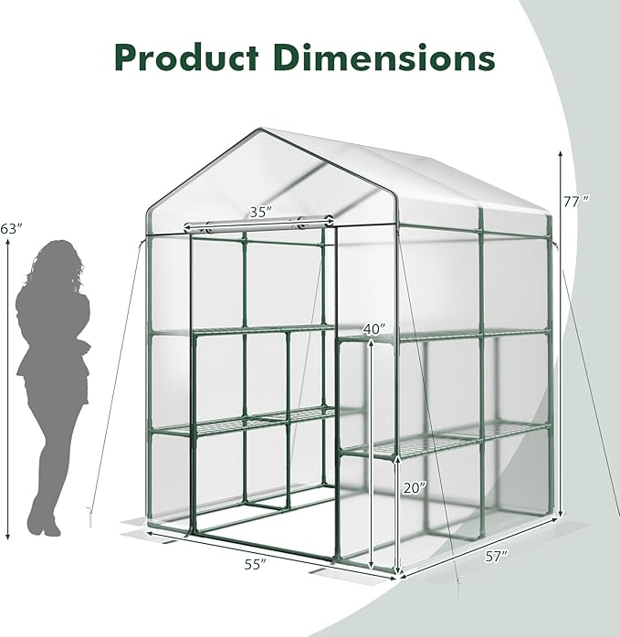 Happygrill Greenhouse, Portable Greenhouses for Outdoors w/8 Shelves, Roll-Up Zippered Door, 2 Observation Windows & 2 Tiers, Weather-Proof PE Cover, Wind Rope (Transparent, 55” x 57” x 77”)