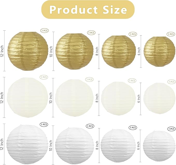 BEISHIDA Gold White Round Paper Lanterns Decorative Hanging Asia Chinese Japanese Paper Lanterns Lamp for New Year Christmas Birthday Baby Shower Wedding Home Decor Outdoor Party Decoration(12Packs)