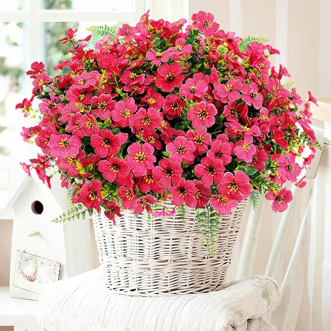 Pinenoya Artificial Faux Plants Flowers Outdoor Decoration,16 Bundles Fake Silk Colorful Daisy Eucalyptus Realistic UV Resistant for Outside Home Planter Porch Patio Yard Decor (Red)