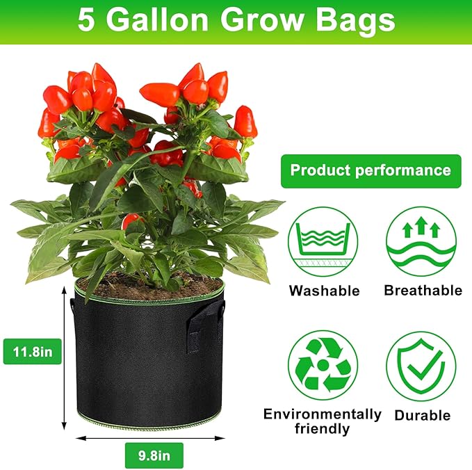 MEKOLIFE 5 Gallon Fabric Grow Bags 6-Pack, Thickened Aeration Planter Bags with Handles Plant Tags Seedling Bags for Outdoor Indoor Vegetable Garden, Black