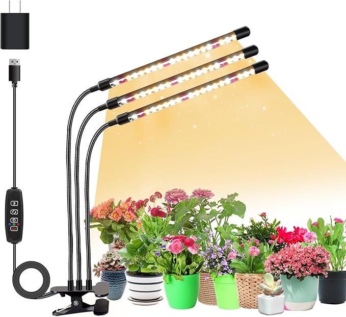 SDOVUERC 3head Plant Lights for Indoor Growing, Grow Light for Indoor Plants, Full Spectrum Growing Lamps with Clip, Auto ON & Off Timer 3/9/12H, 3 Switch Modes, 10-Level Dimmable Brightness